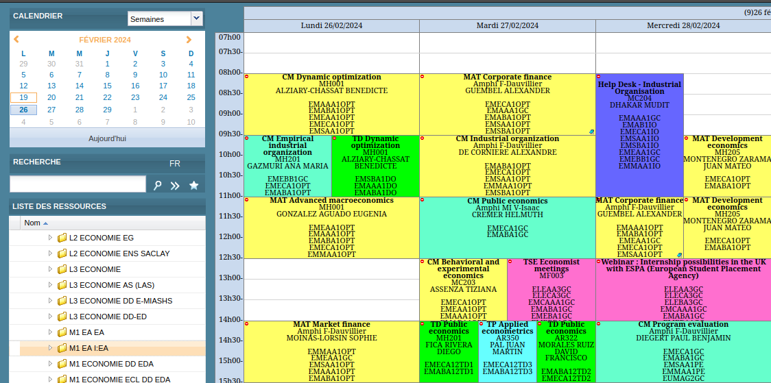 Screenshot of timetable web page